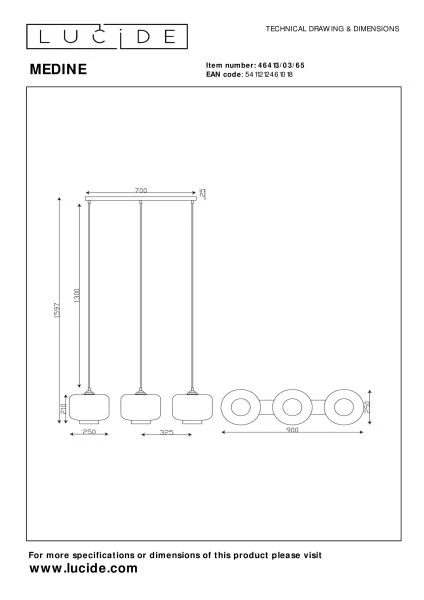 Lucide MEDINE - Hanglamp - 3xE27 - Fumé - technisch